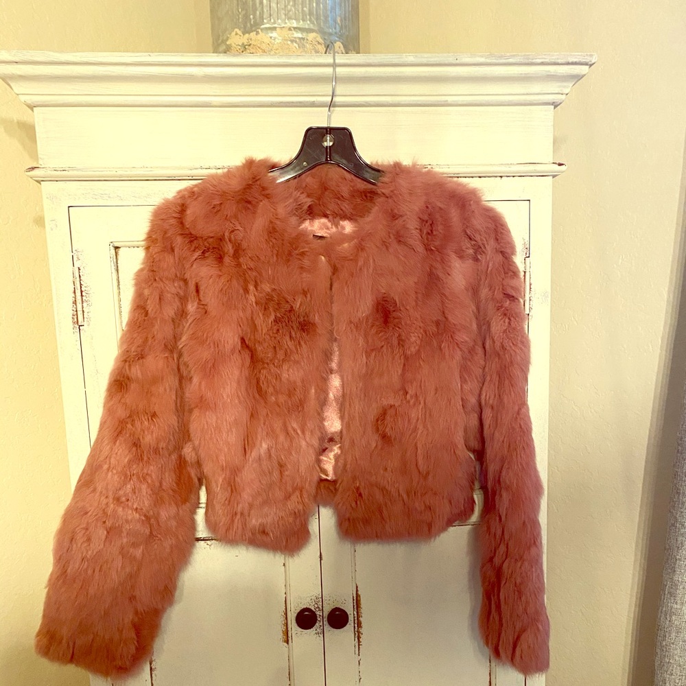 Bebe Pink Rabbit Fur Jacket Size M